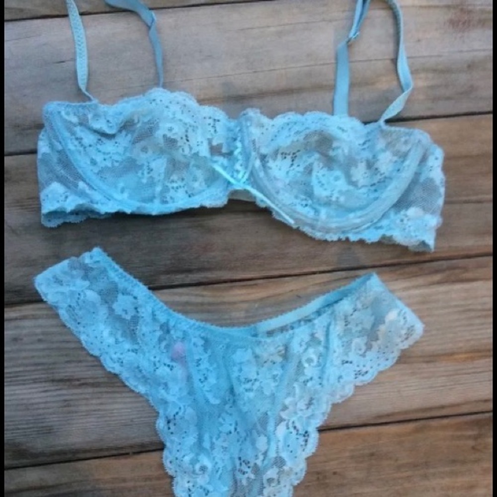 Victoria Secret Aqua Blue Lace Balconet Set 38C/L